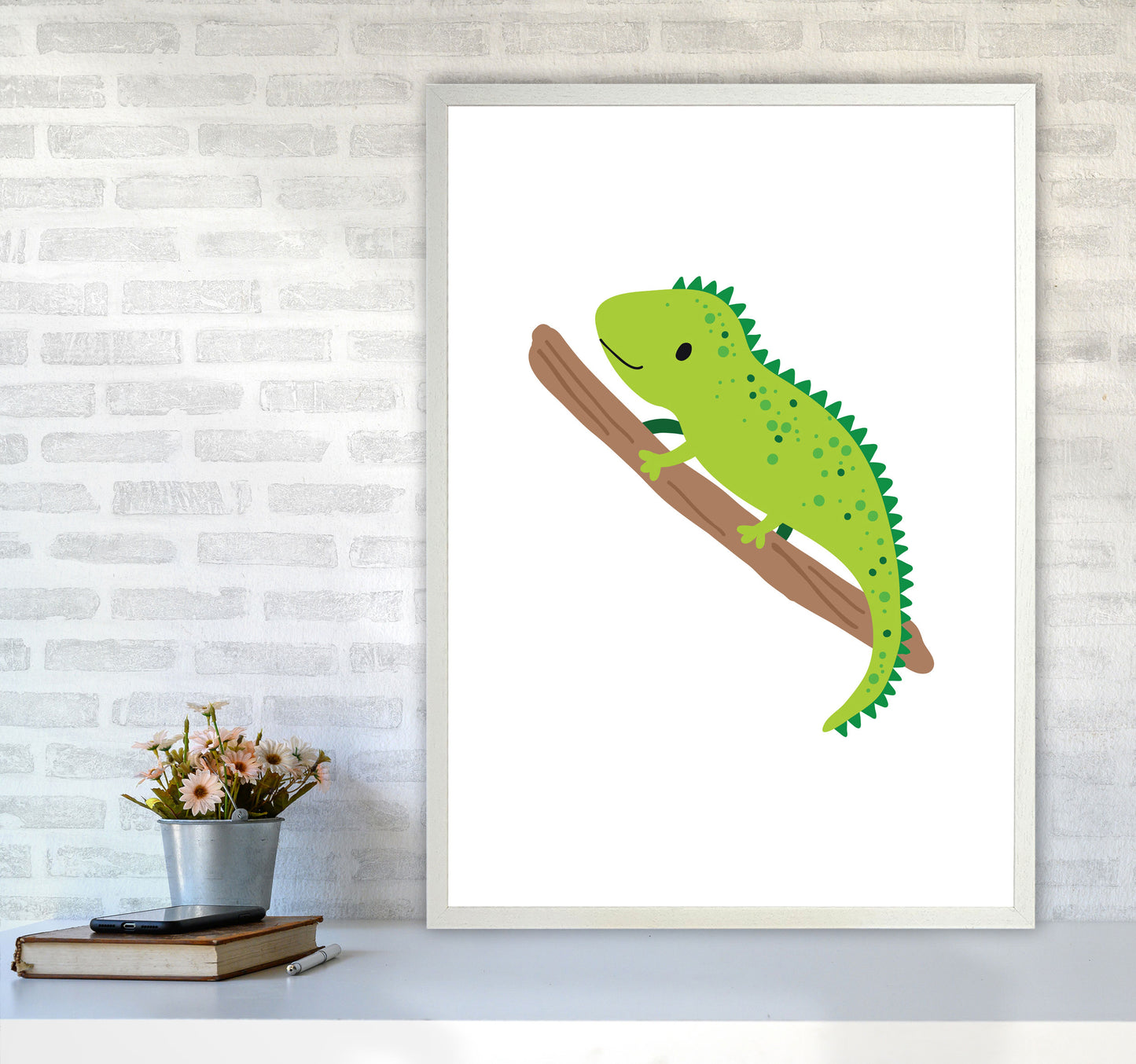 Children's Animals, Iguana Modern Print A1 Oak Frame