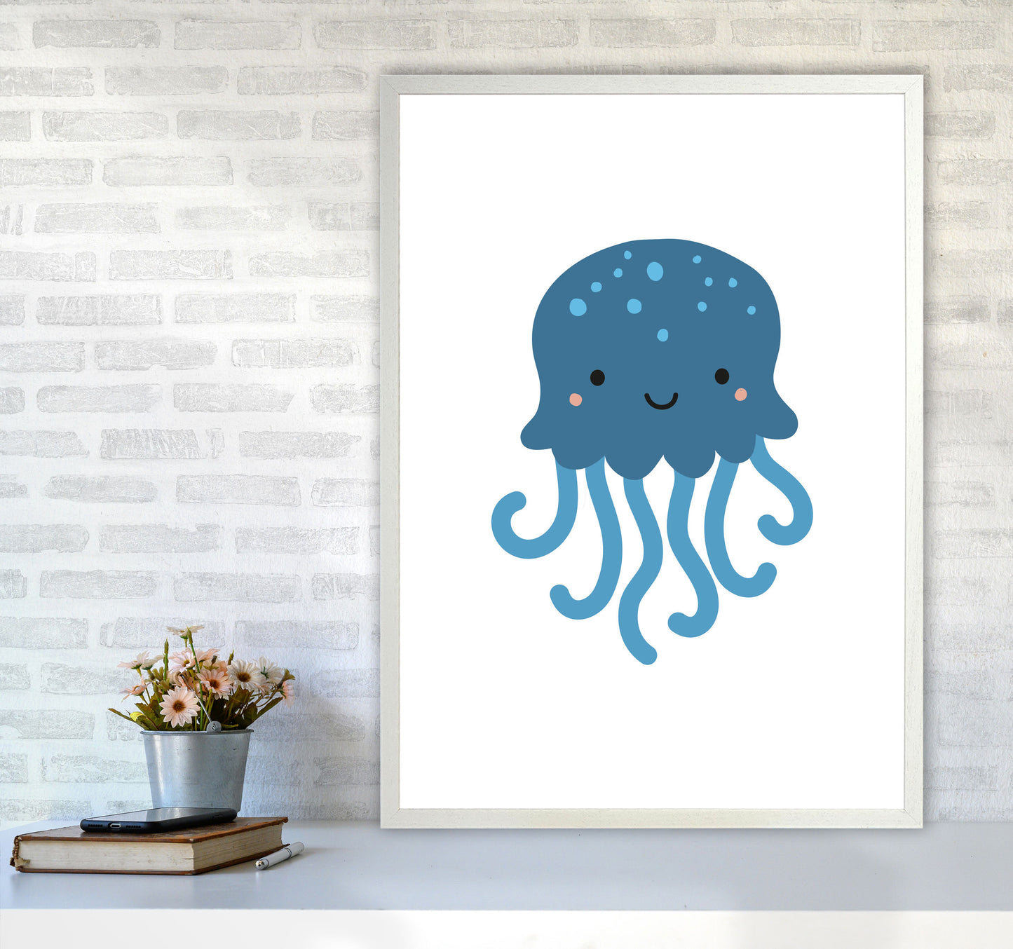 Children's Animals, Jellyfish Modern Print A1 Oak Frame