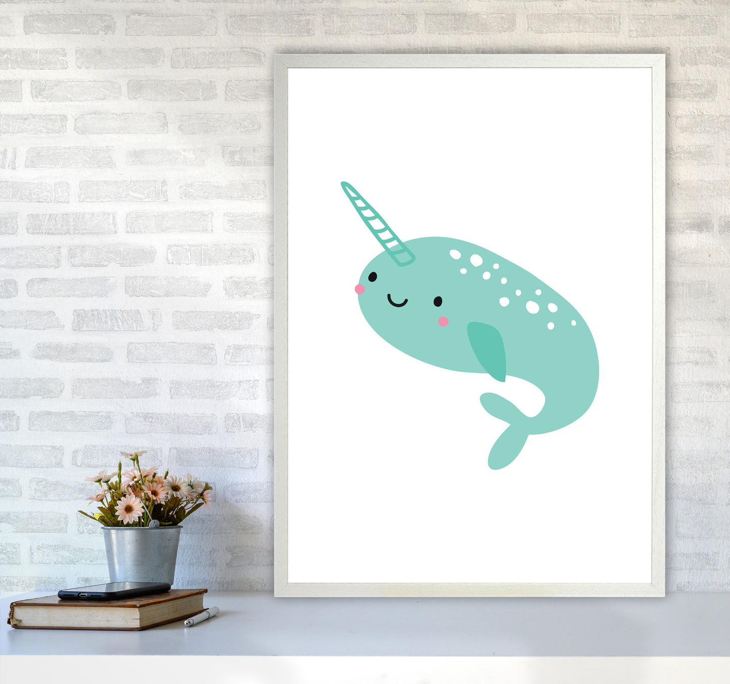 Children's Animals, Narwhal Modern Print A1 Oak Frame