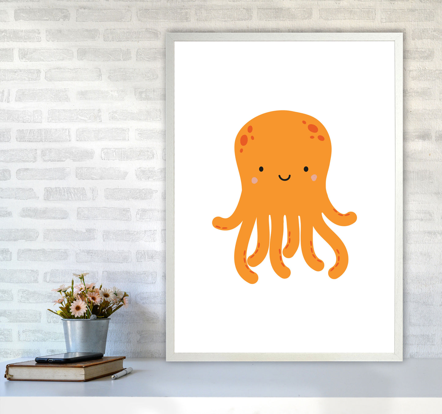 Children's Animals, Octopus Modern Print A1 Oak Frame