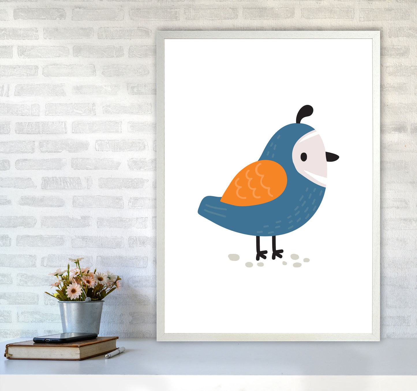 Children's Animals, Quail Modern Print A1 Oak Frame