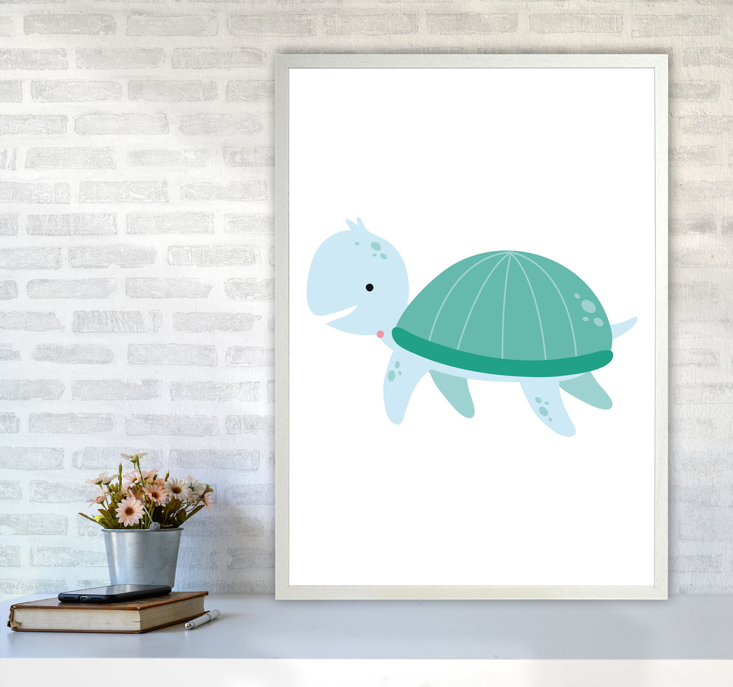 Children's Animals, Turtle Modern Print A1 Oak Frame