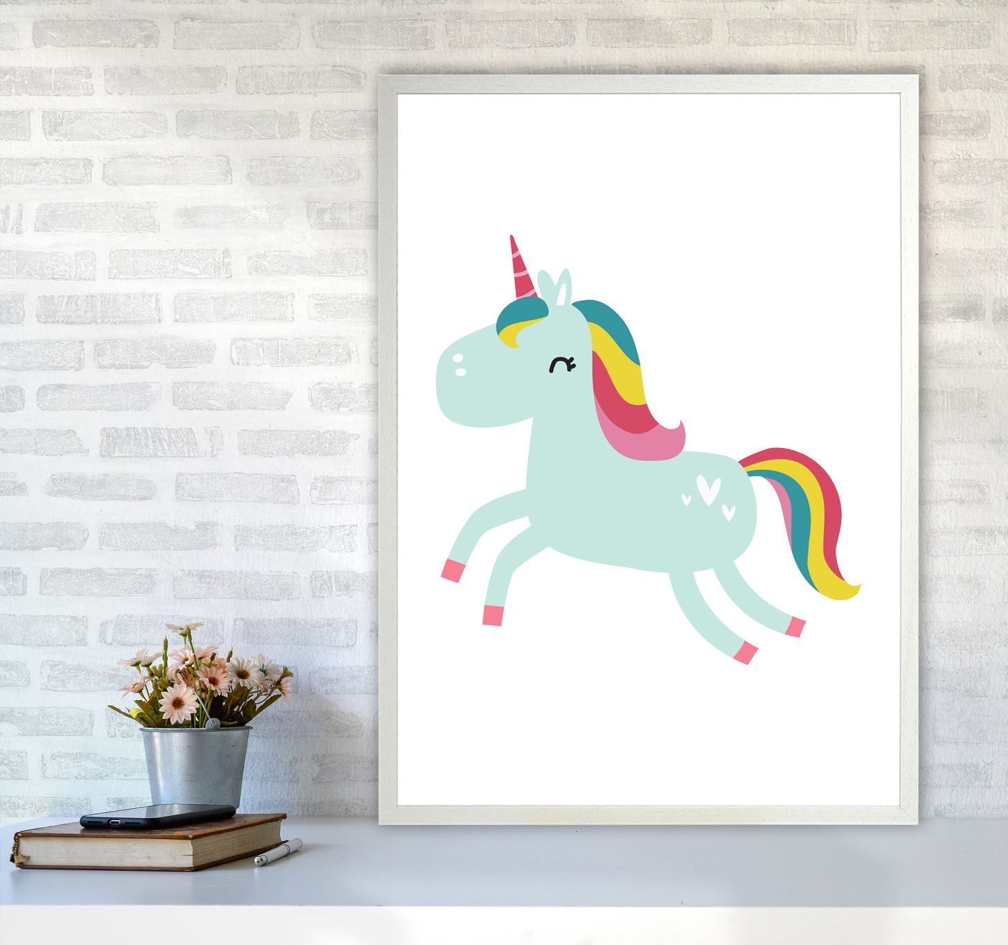 Children's Animals, Unicorn Modern Print A1 Oak Frame
