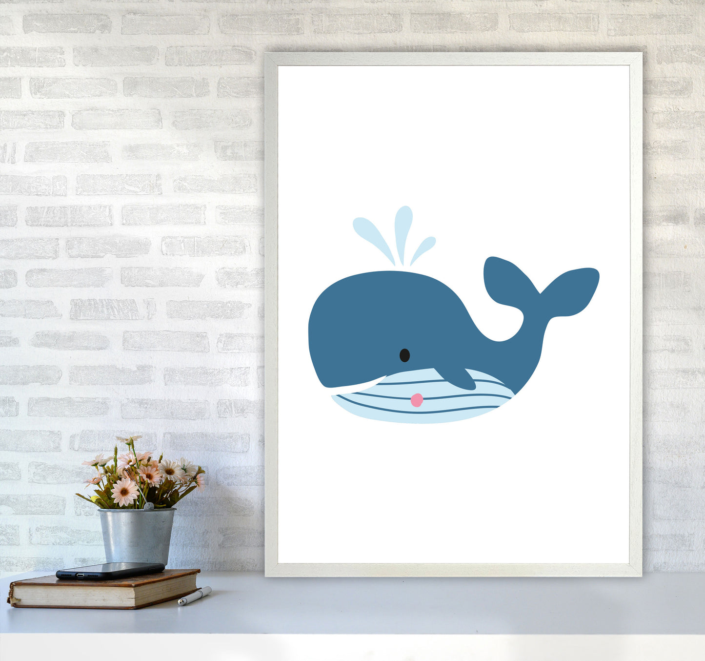 Children's Animals, Whale Modern Print A1 Oak Frame