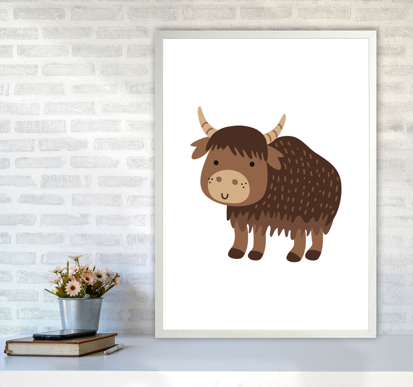 Children's Animals, Yak Modern Print A1 Oak Frame