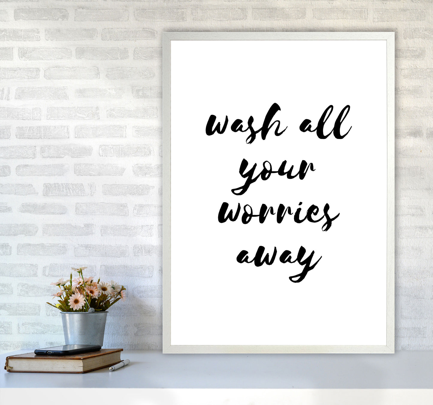 Wash All Your Worries Away, Bathroom Modern Print, Framed Bathroom Wall Art A1 Oak Frame