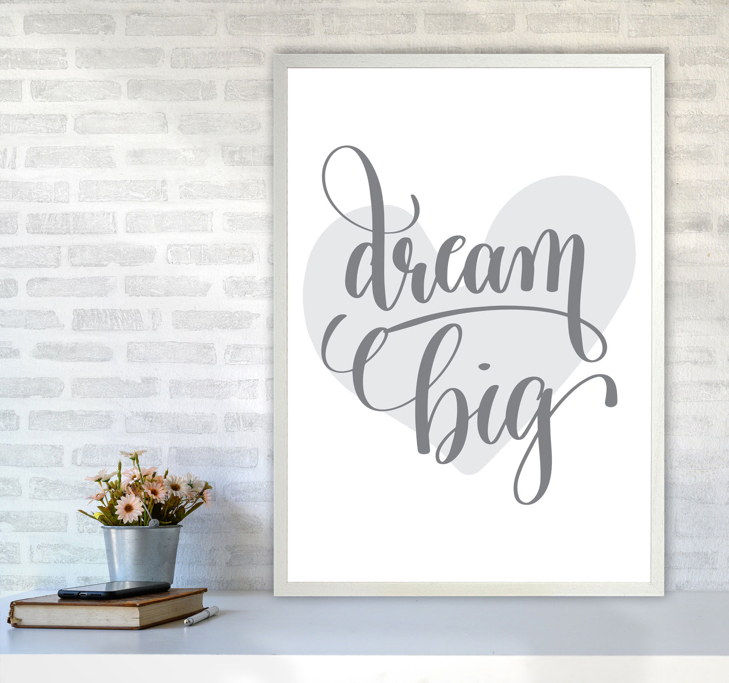 Dream Big Grey Heart Framed Nursey Wall Art Print A1 Oak Frame
