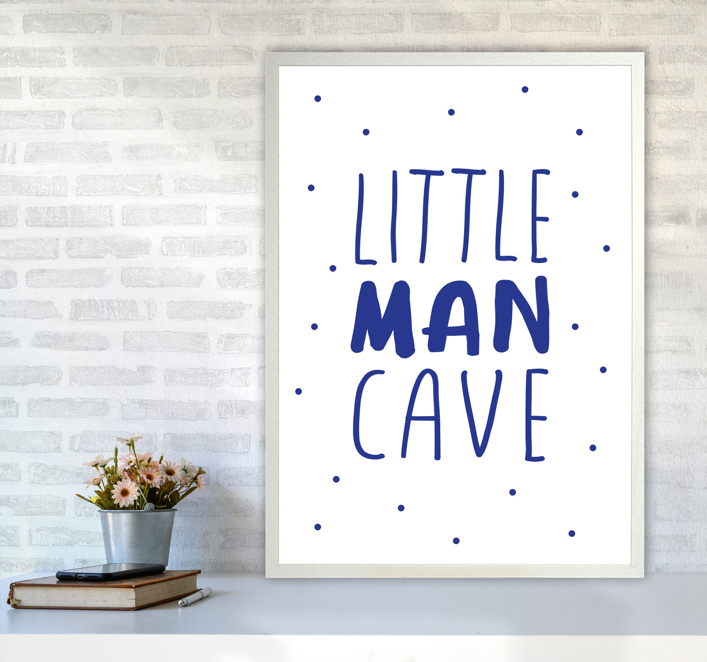 Little Man Cave Navy Dots Framed Nursey Wall Art Print A1 Oak Frame