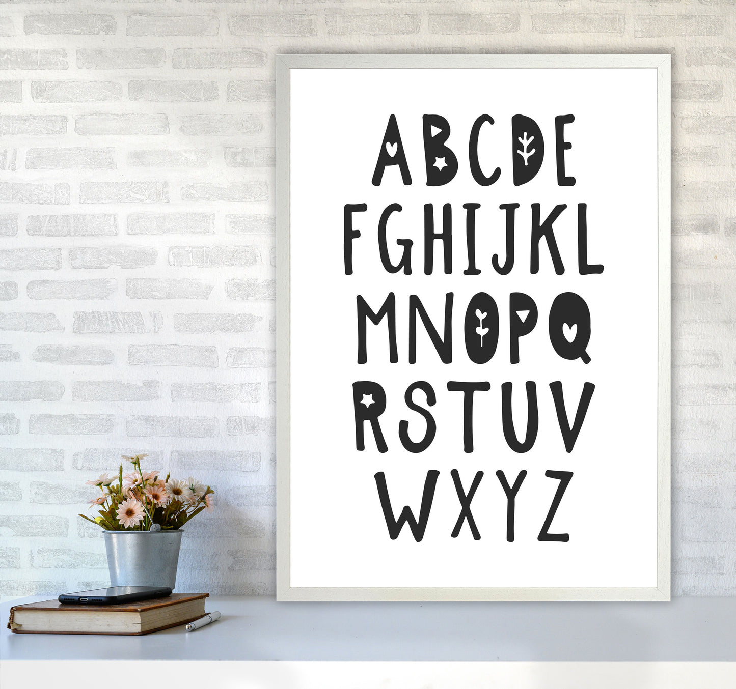 Black Alphabet Framed Nursey Wall Art Print A1 Oak Frame