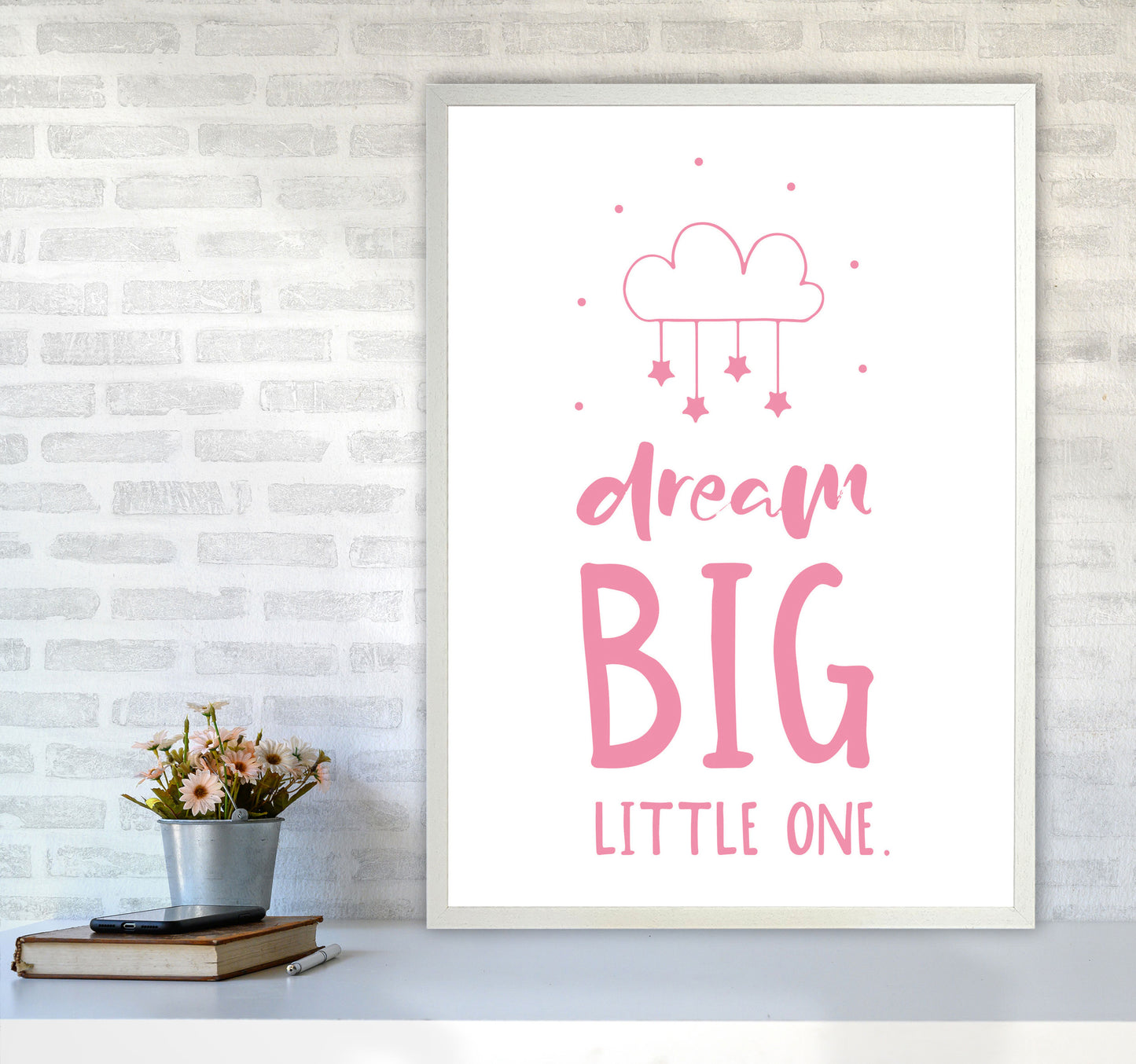 Dream Big Little One Pink Framed Nursey Wall Art Print A1 Oak Frame
