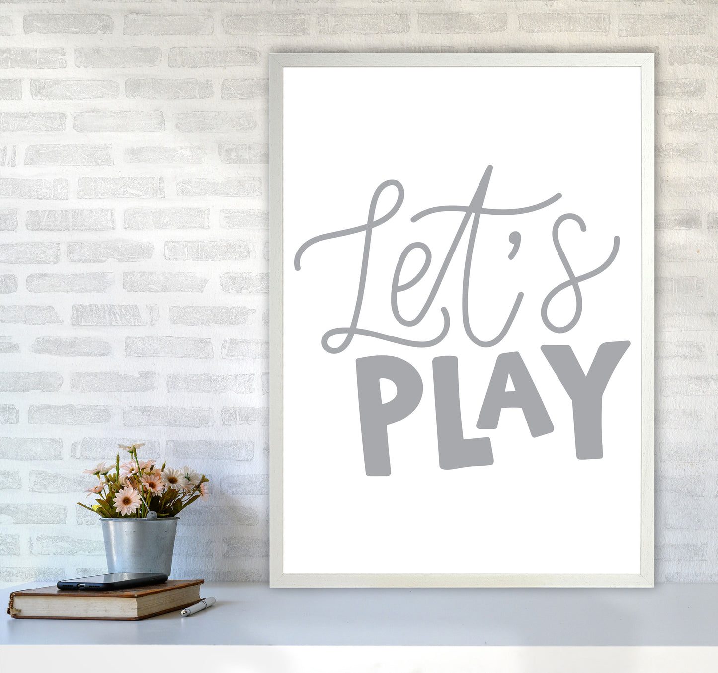 Let's Play Grey Framed Typography Wall Art Print A1 Oak Frame
