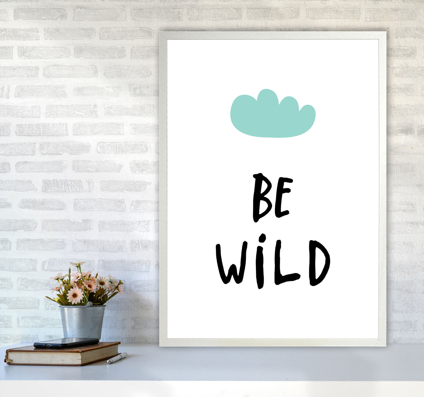 Be Wild Mint Cloud Framed Typography Wall Art Print A1 Oak Frame