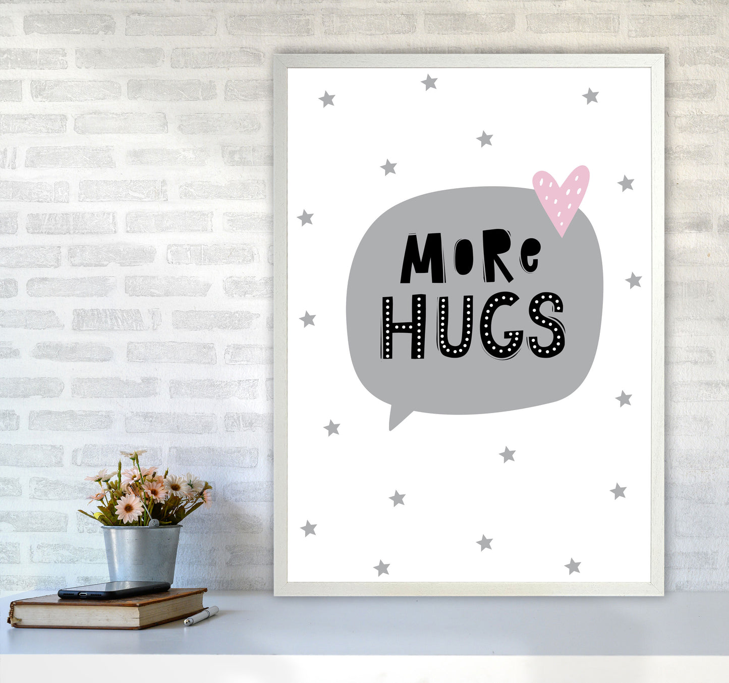 More Hugs Speech Bubble Framed Typography Wall Art Print A1 Oak Frame