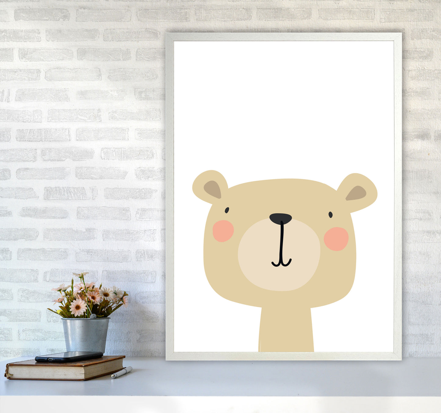 Beige Bear Modern Print Animal Art Print A1 Oak Frame