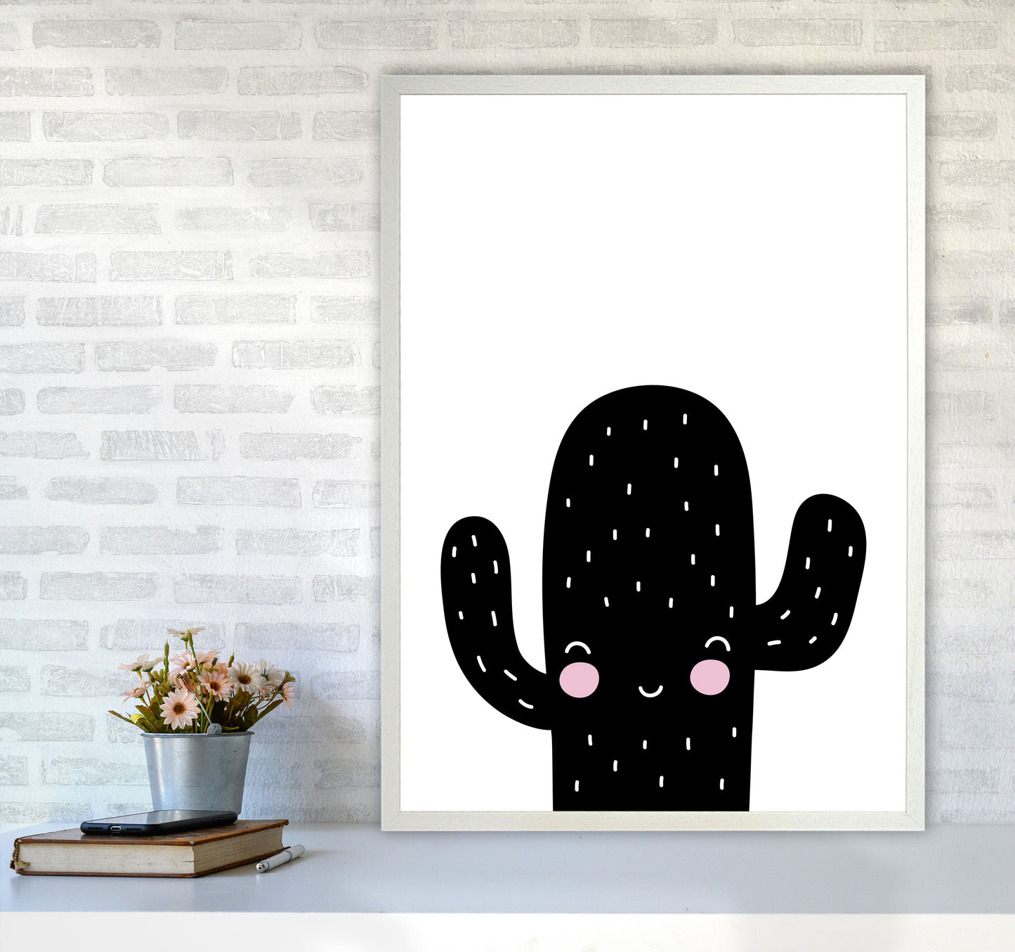 Black Scandi Cactus Modern Print, Framed Botanical & Nature Art Print A1 Oak Frame