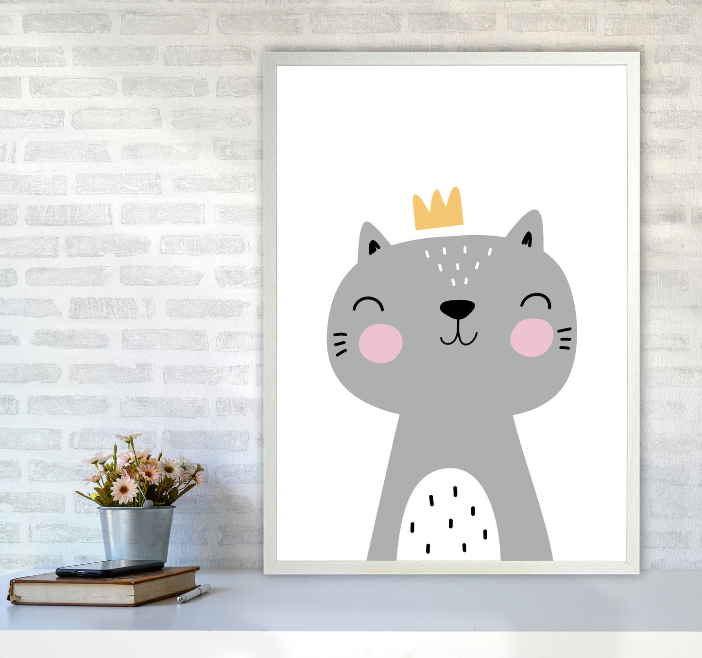 Grey Scandi Cat With Crown Modern Print Animal Art Print A1 Oak Frame