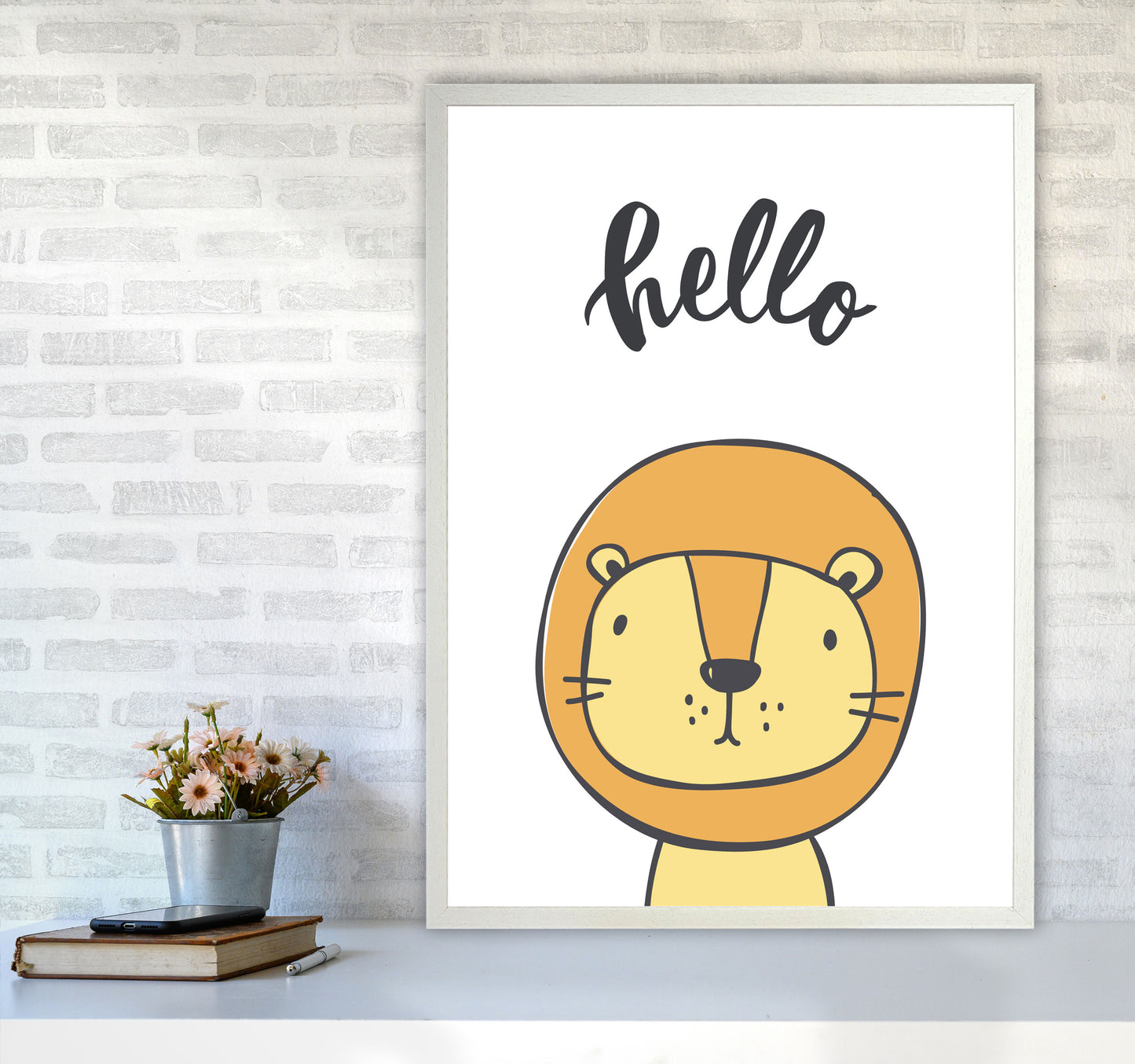 Hello Lion Modern Print Animal Art Print A1 Oak Frame