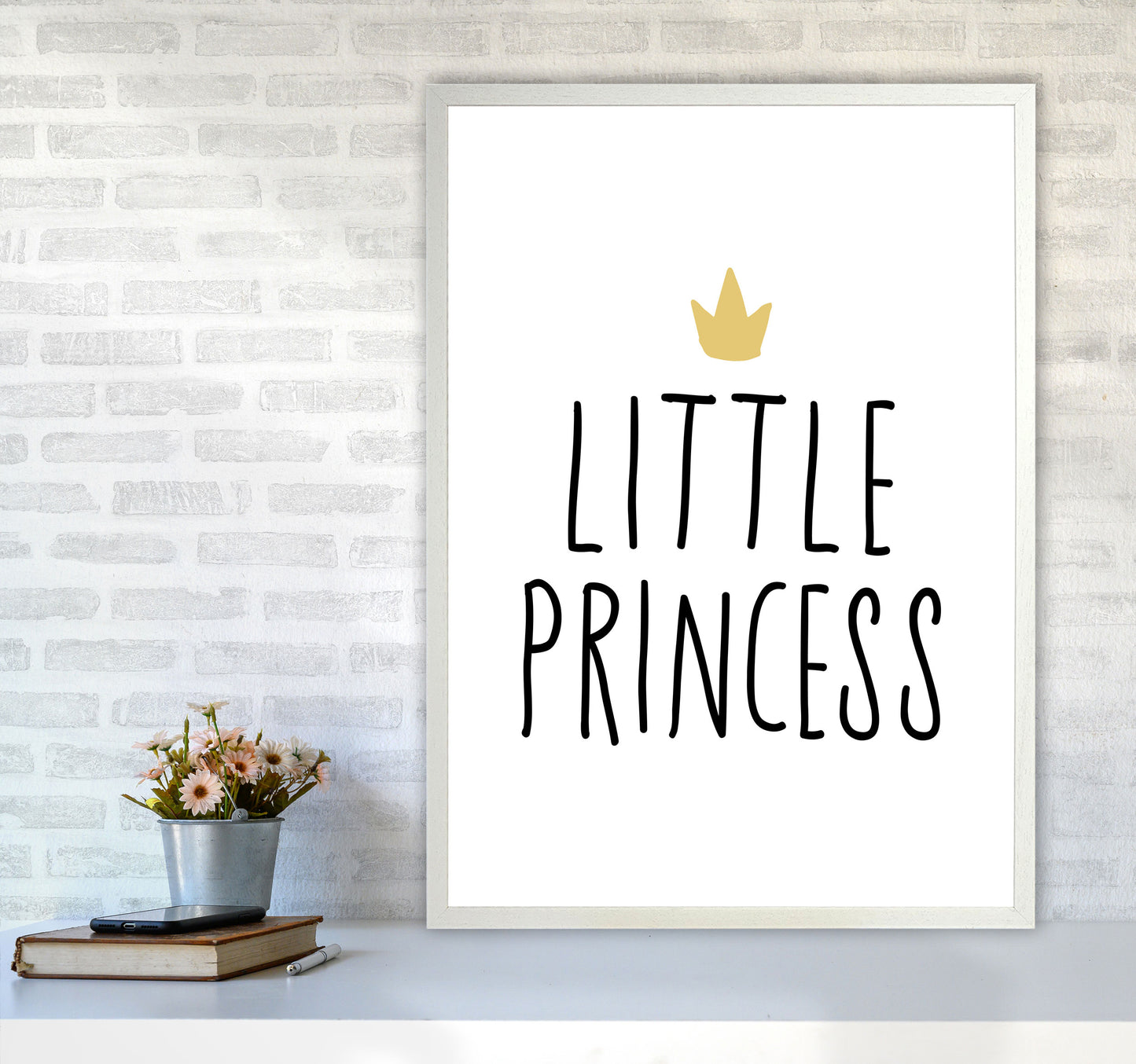 Little Princess Black And Gold Framed Nursey Wall Art Print A1 Oak Frame