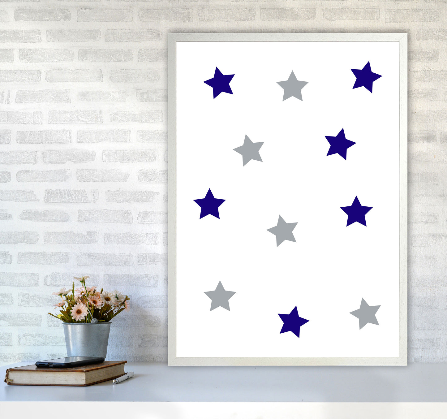 Navy And Grey Stars Modern Print A1 Oak Frame