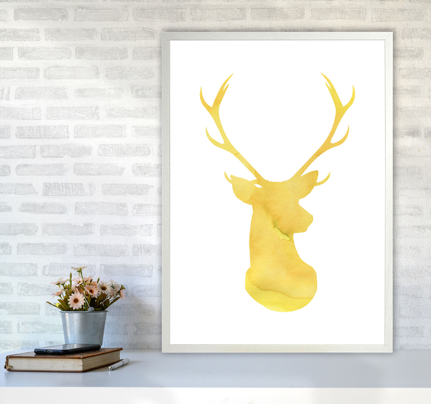 Stags Head Watercolour Modern Print Animal Art Print A1 Oak Frame