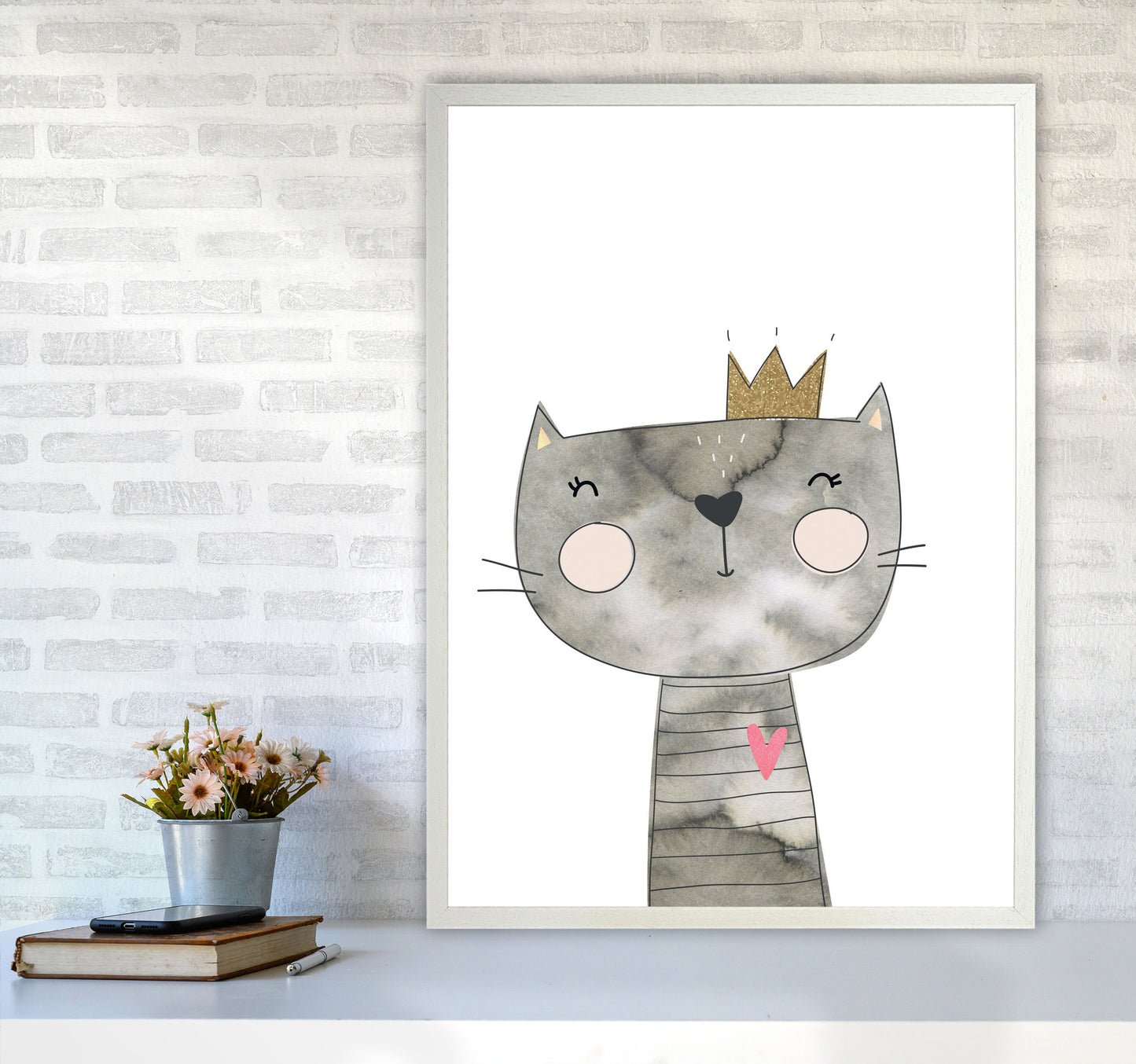 Scandi Grey Cat Watercolour Framed Nursey Wall Art Print A1 Oak Frame