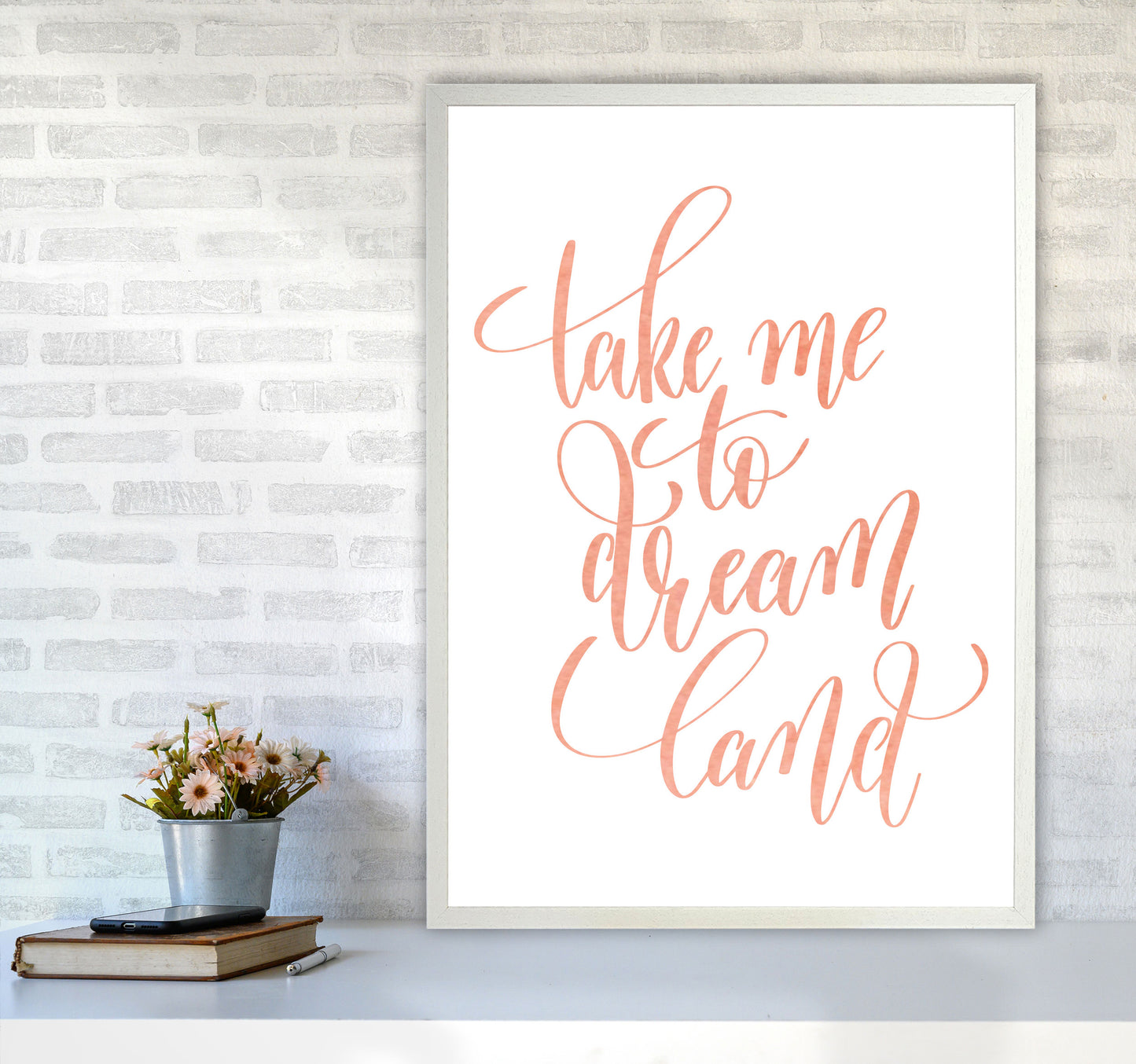Take Me To Dreamland Peach Watercolour Modern Print A1 Oak Frame