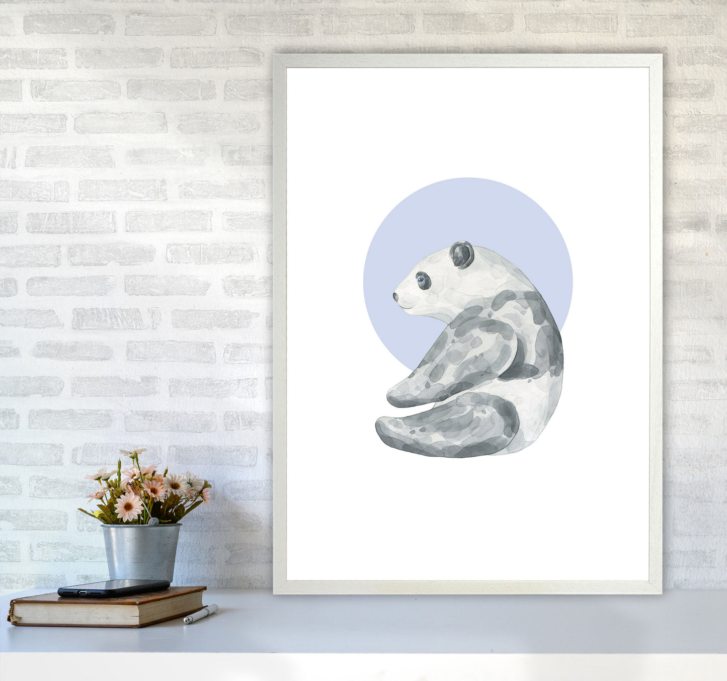 Watercolour Panda With Blue Circle Modern Print, Animal Art Print A1 Oak Frame