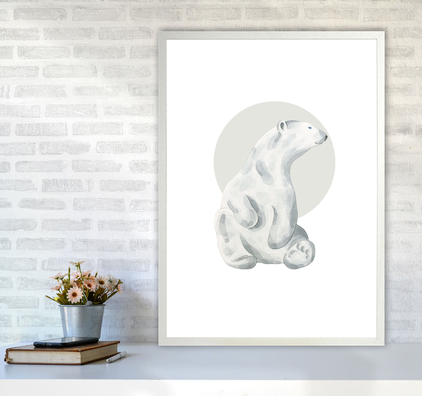 Watercolour Polar Bear With Grey Circle Modern Print, Animal Art Print A1 Oak Frame