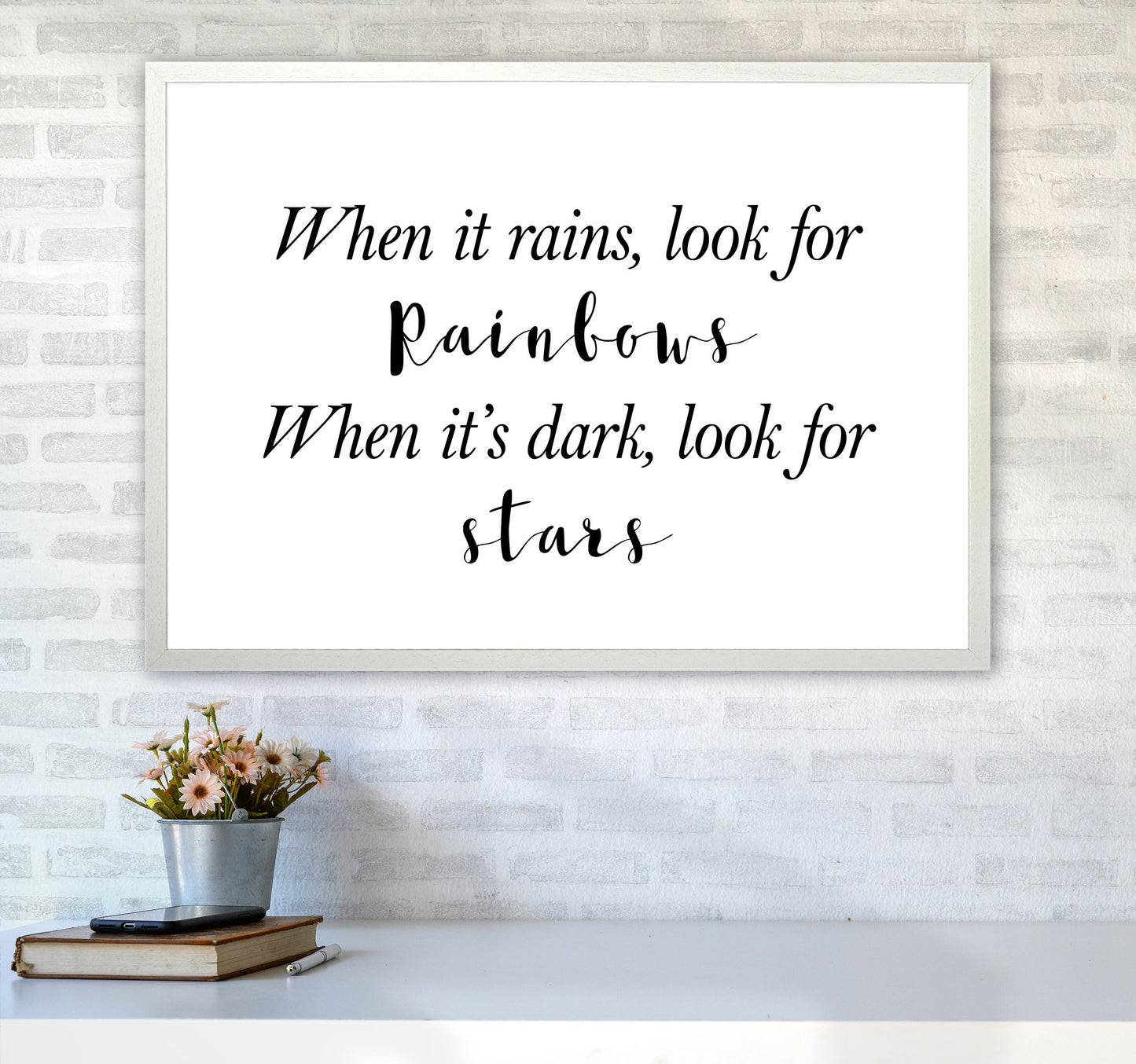 When It Rains Look For Rainbows Modern Print A1 Oak Frame