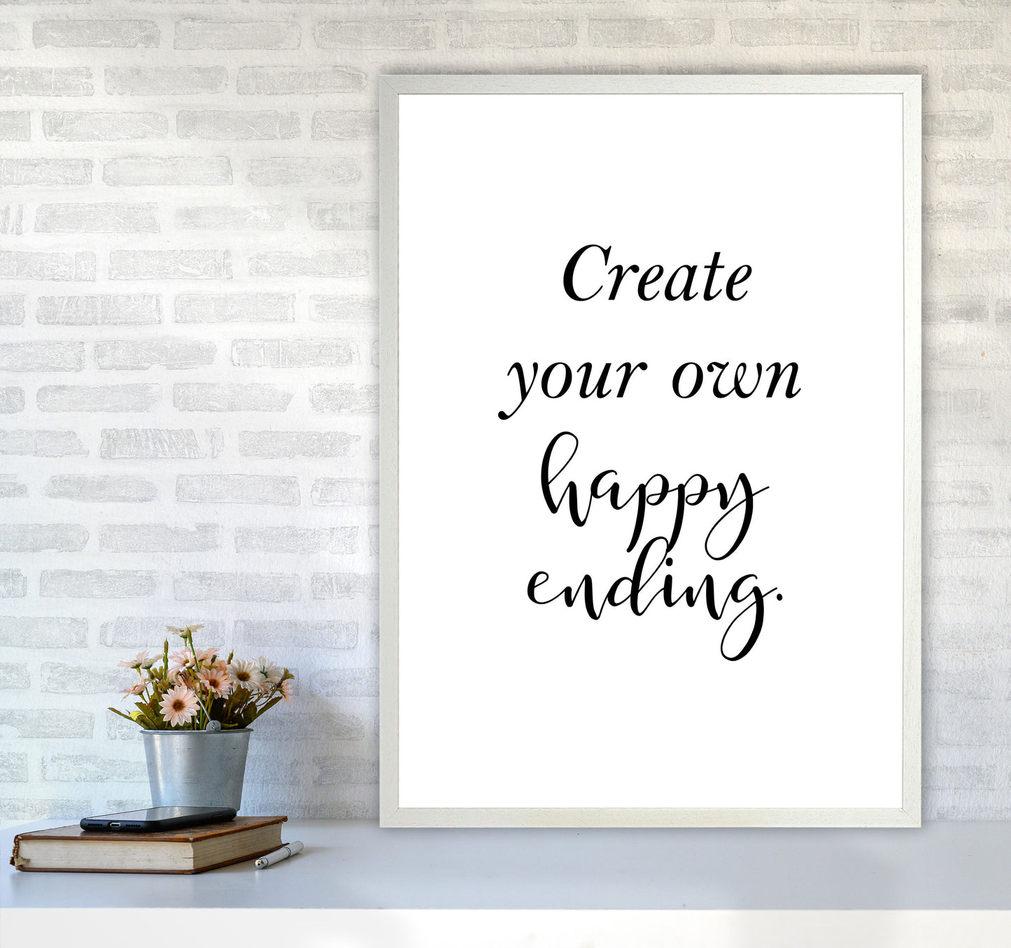 Create Your Own Happy Ending Framed Typography Wall Art Print A1 Oak Frame