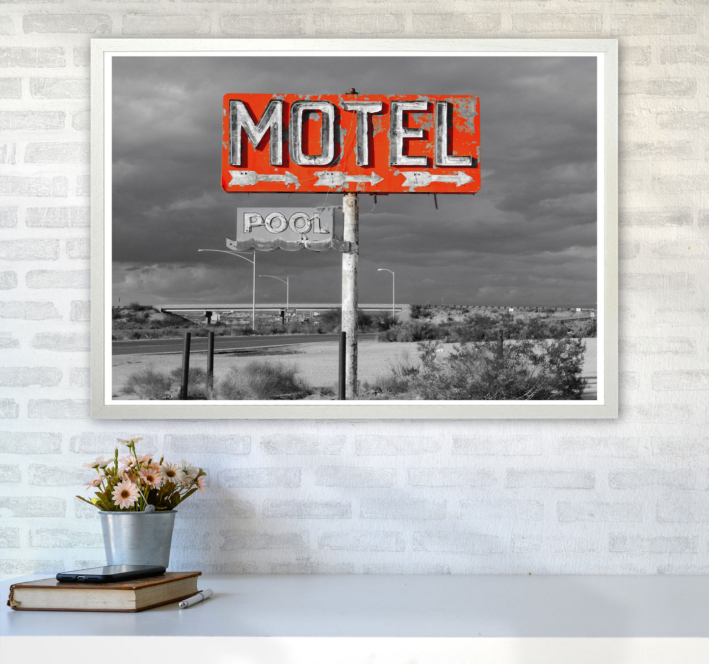 Red Motel Sign Modern Print A1 Oak Frame