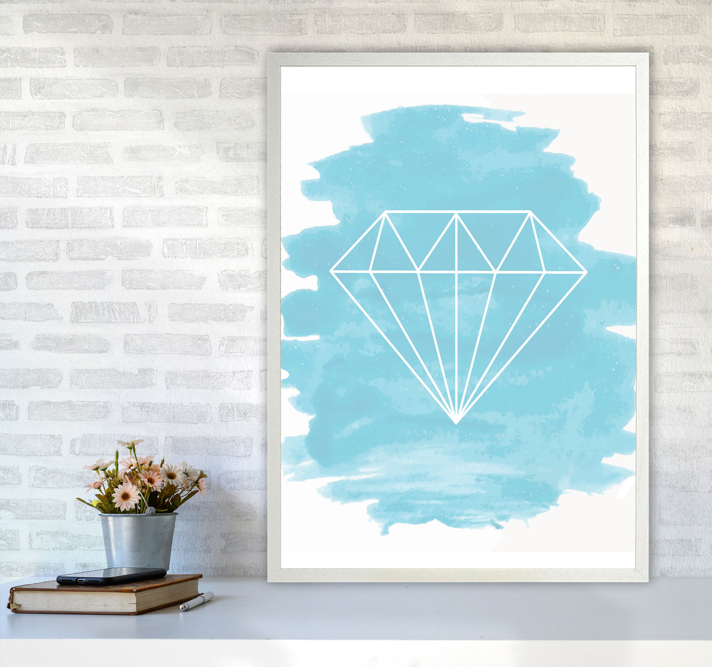 Geo Diamond Light Blue Watercolour Modern Print A1 Oak Frame