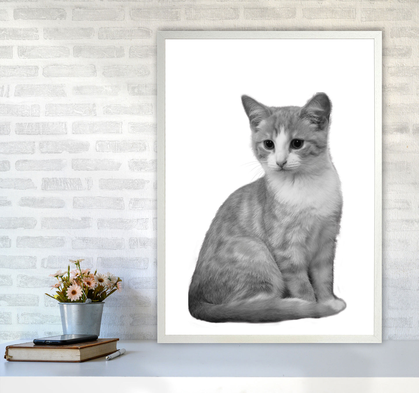Black And White Cat Modern Print Animal Art Print A1 Oak Frame