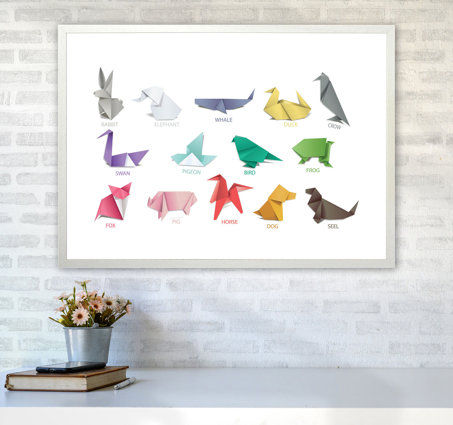 Origami Animals Modern Print A1 Oak Frame