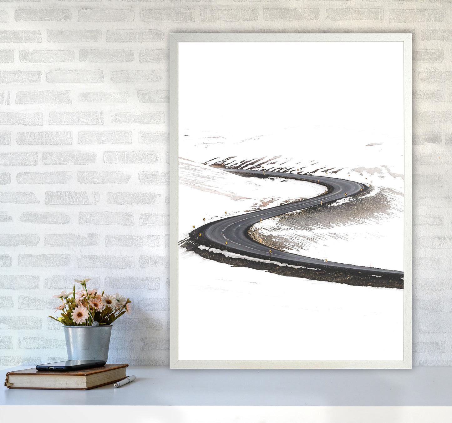 Snowy Road Pass Modern Print A1 Oak Frame