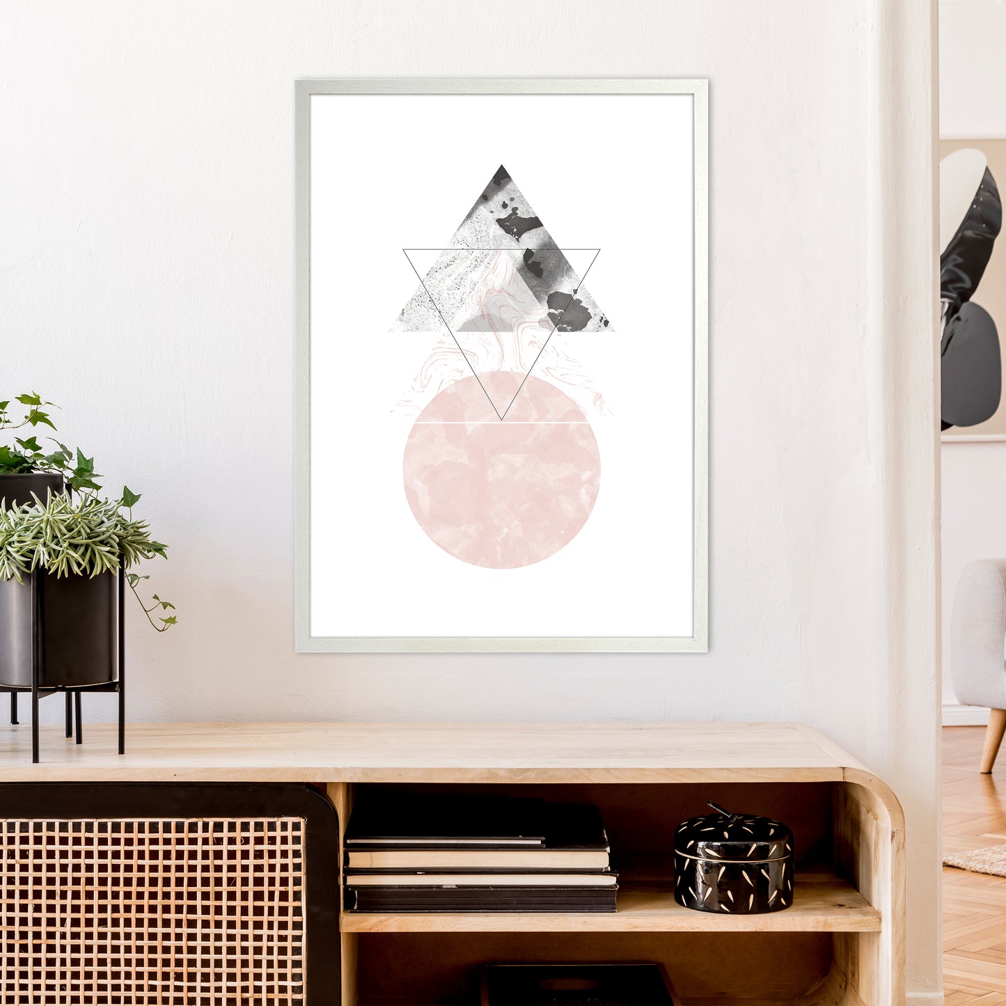 Marble Triangle And Circle Black And Pink Abstract Art Print by Pixy Paper A1 Oak Frame