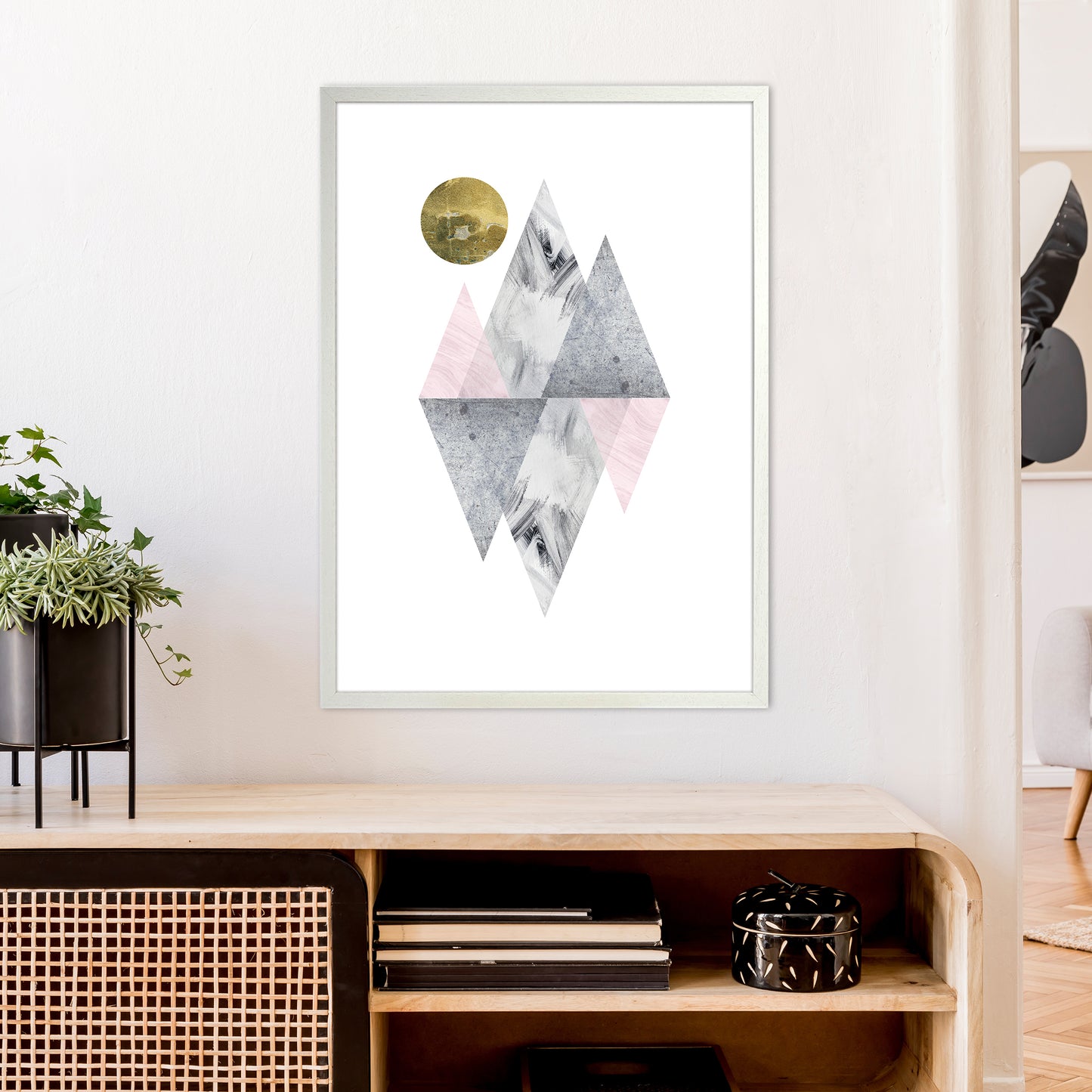 Luna Pink And Grey Diamonds With Gold Moon Art Print by Pixy Paper A1 Oak Frame