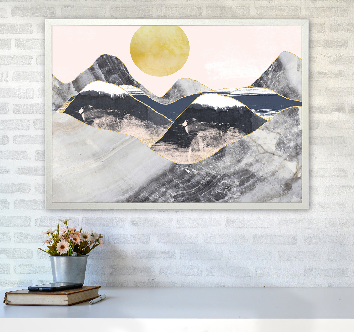 Gold Moon Navy Marble Mountains Landscape Art Print by Pixy Paper A1 Oak Frame