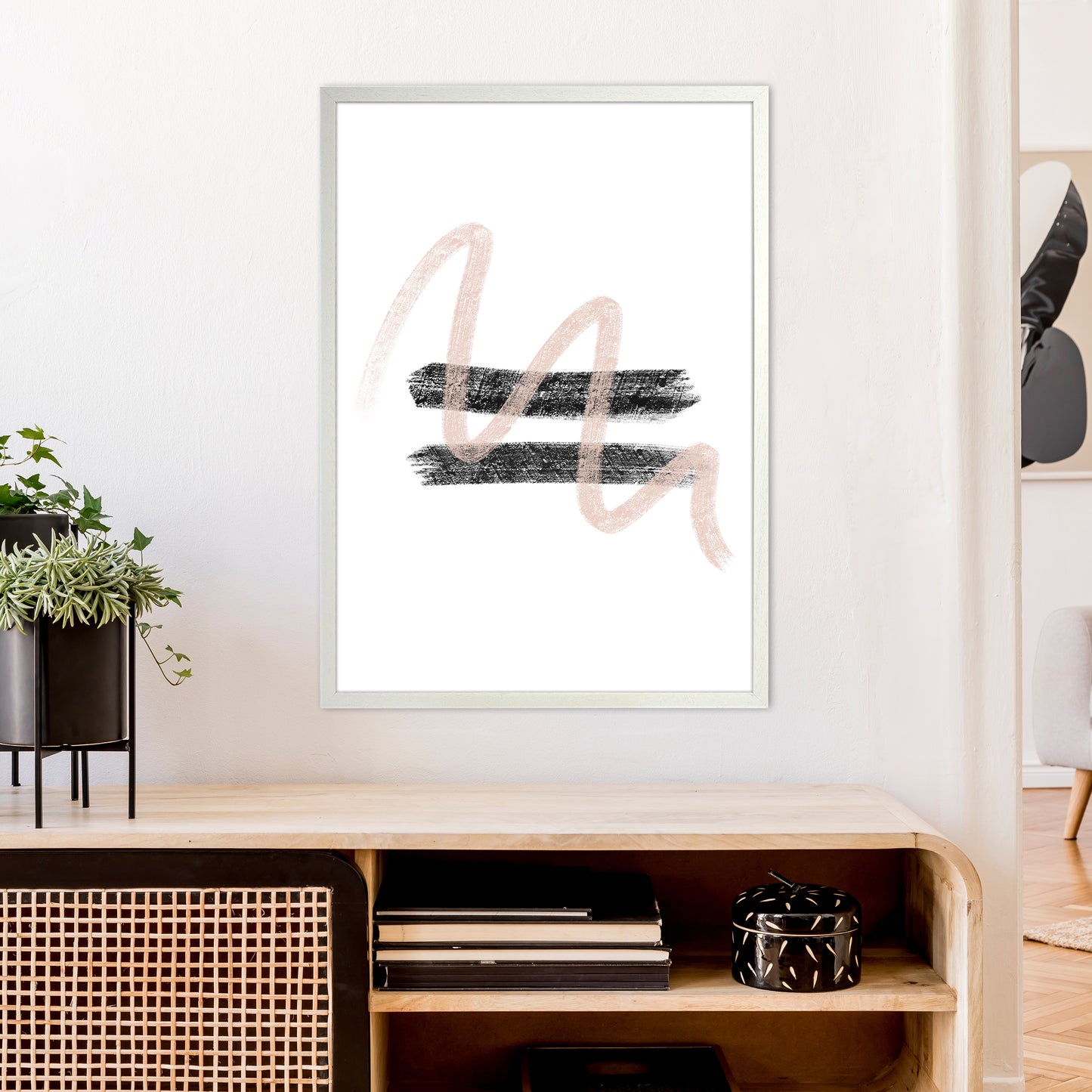 Dalia Chalk Pink And Black Line Contrast Art Print by Pixy Paper A1 Oak Frame