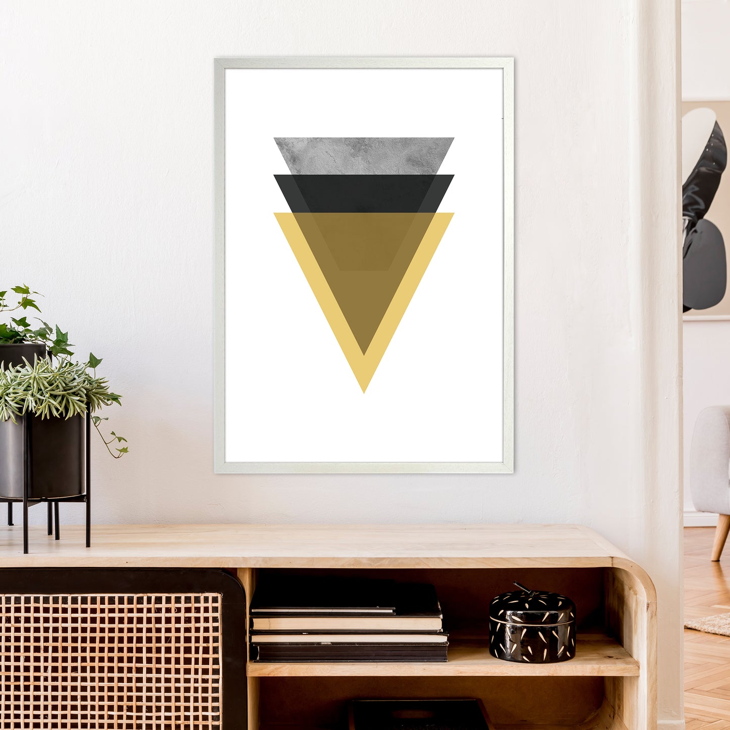 Geometric Mustard And Black Triangles Art Print by Pixy Paper A1 Oak Frame