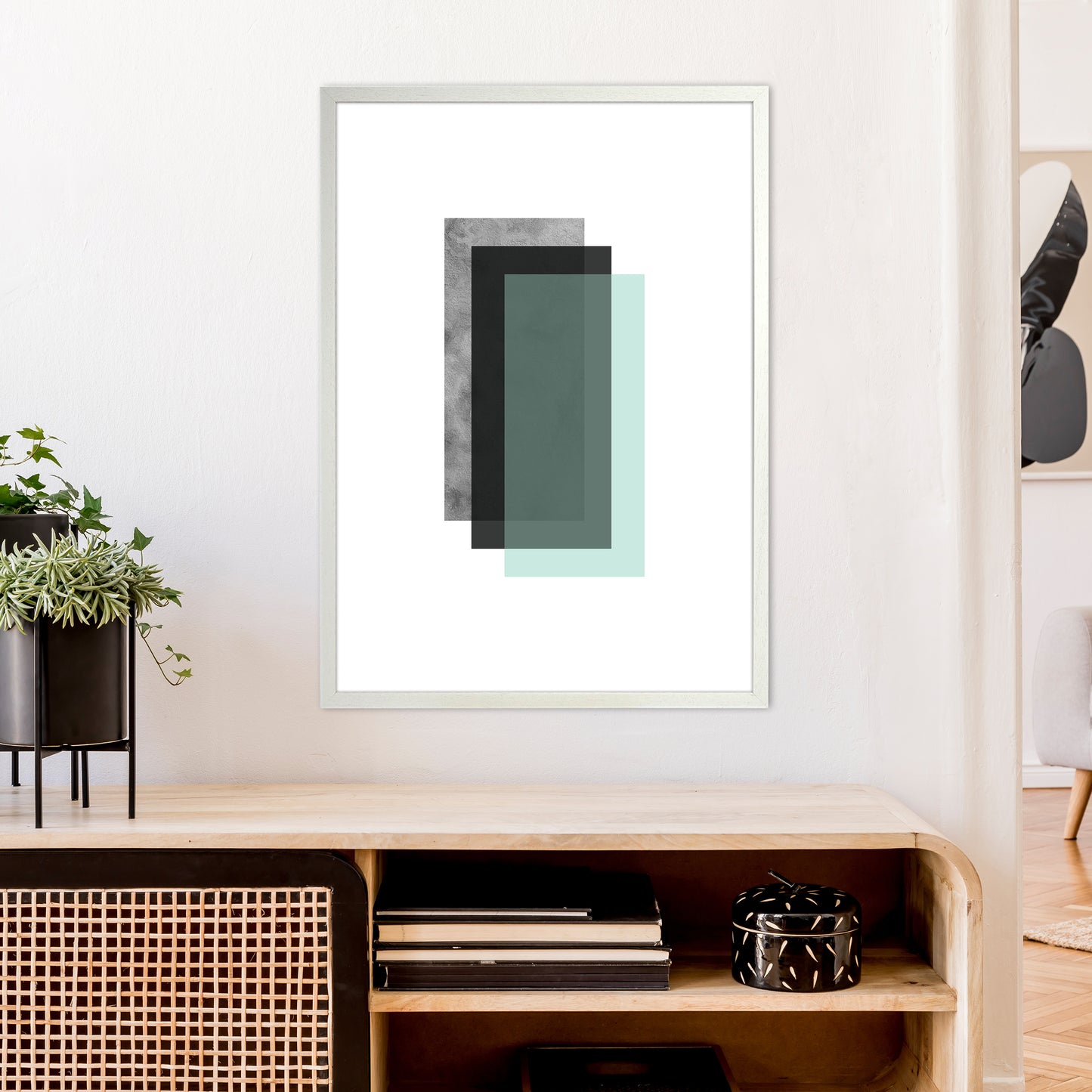 Geometric Mint And Black Rectangles Art Print by Pixy Paper A1 Oak Frame