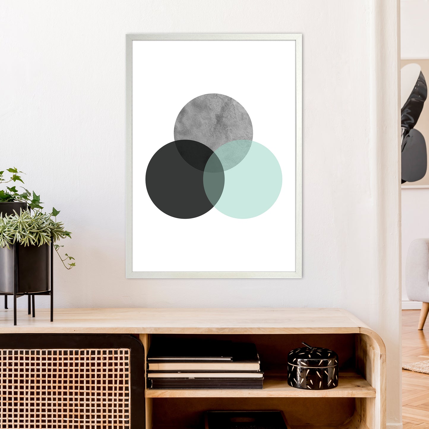 Geometric Mint And Black Circles Art Print by Pixy Paper A1 Oak Frame