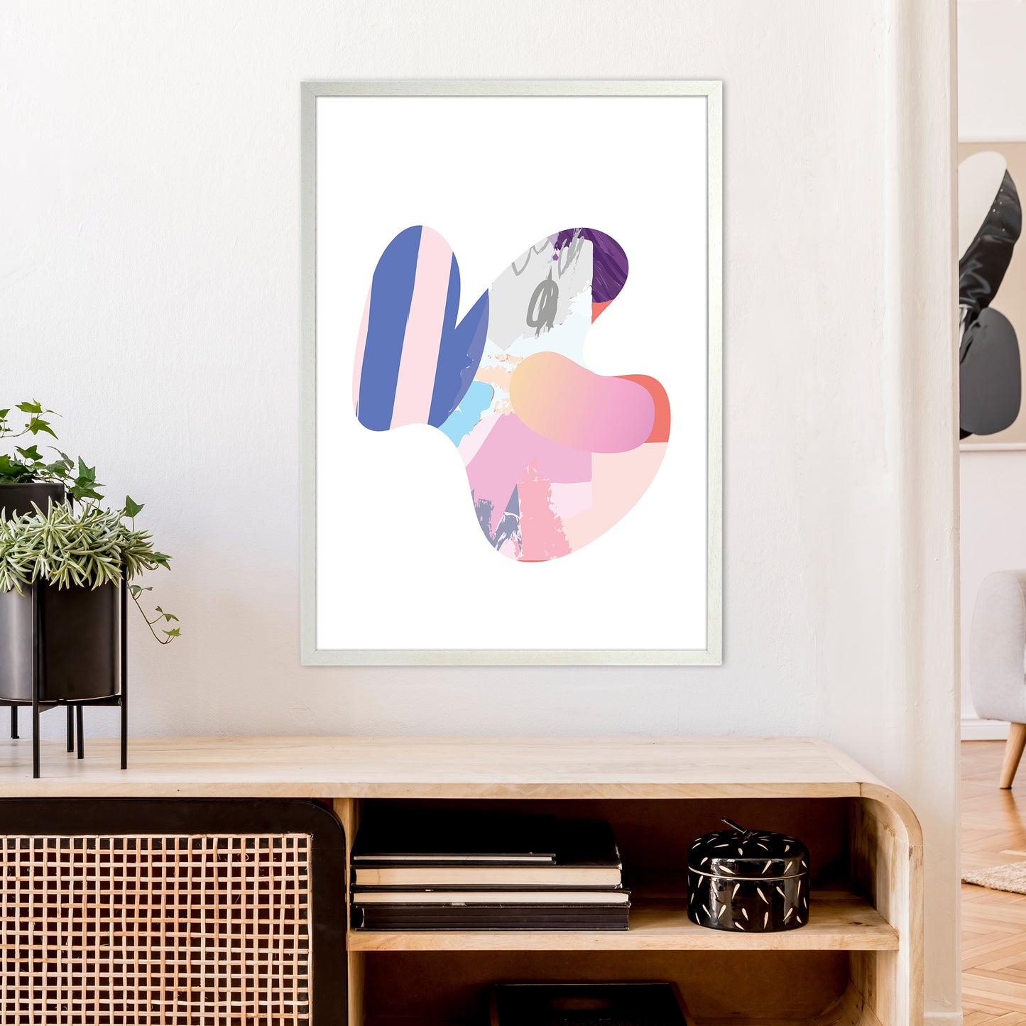 Pink Butterfly Abstract Shape Art Print by Pixy Paper A1 Oak Frame