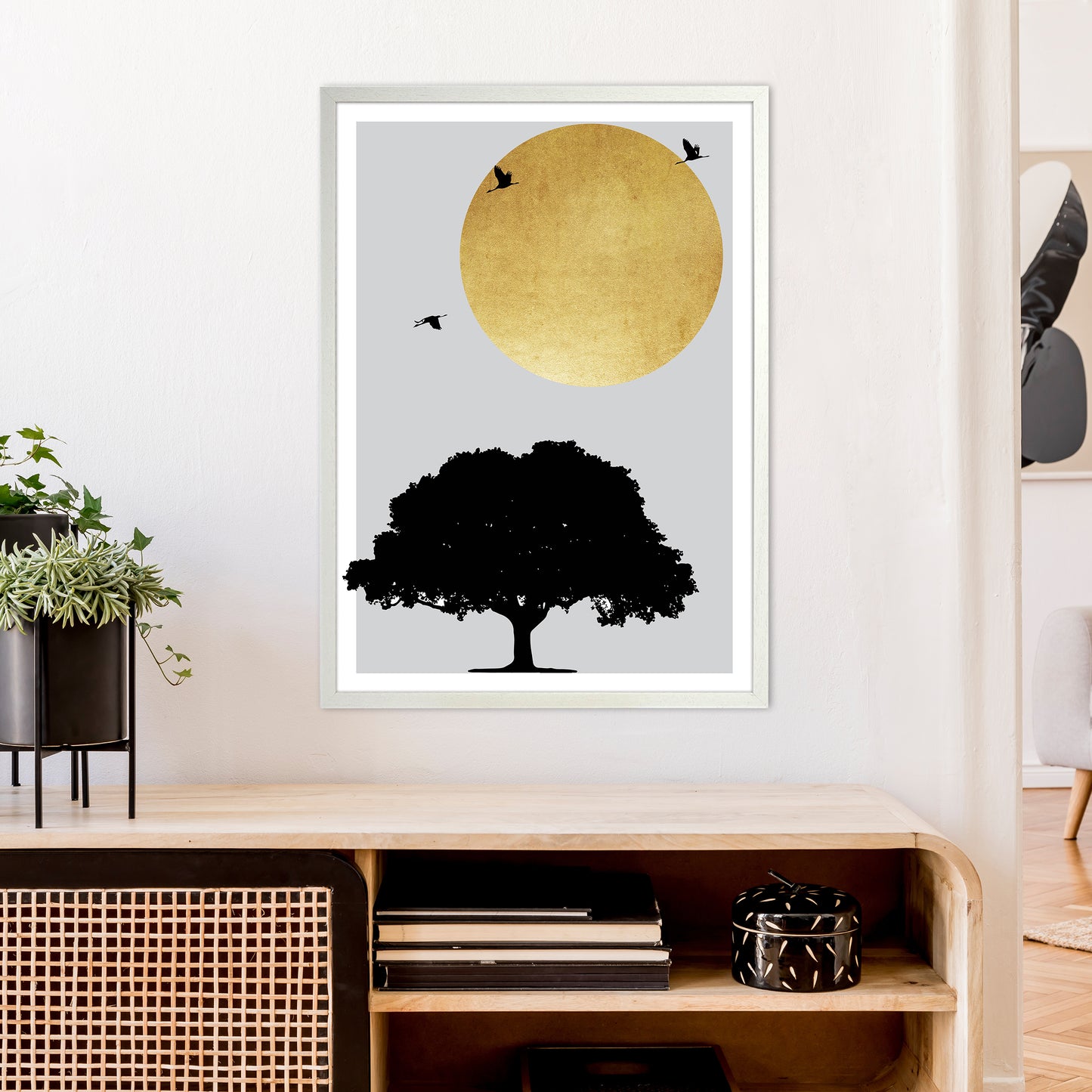 Gold Sun And Tree Abstract Art Print by Pixy Paper A1 Oak Frame
