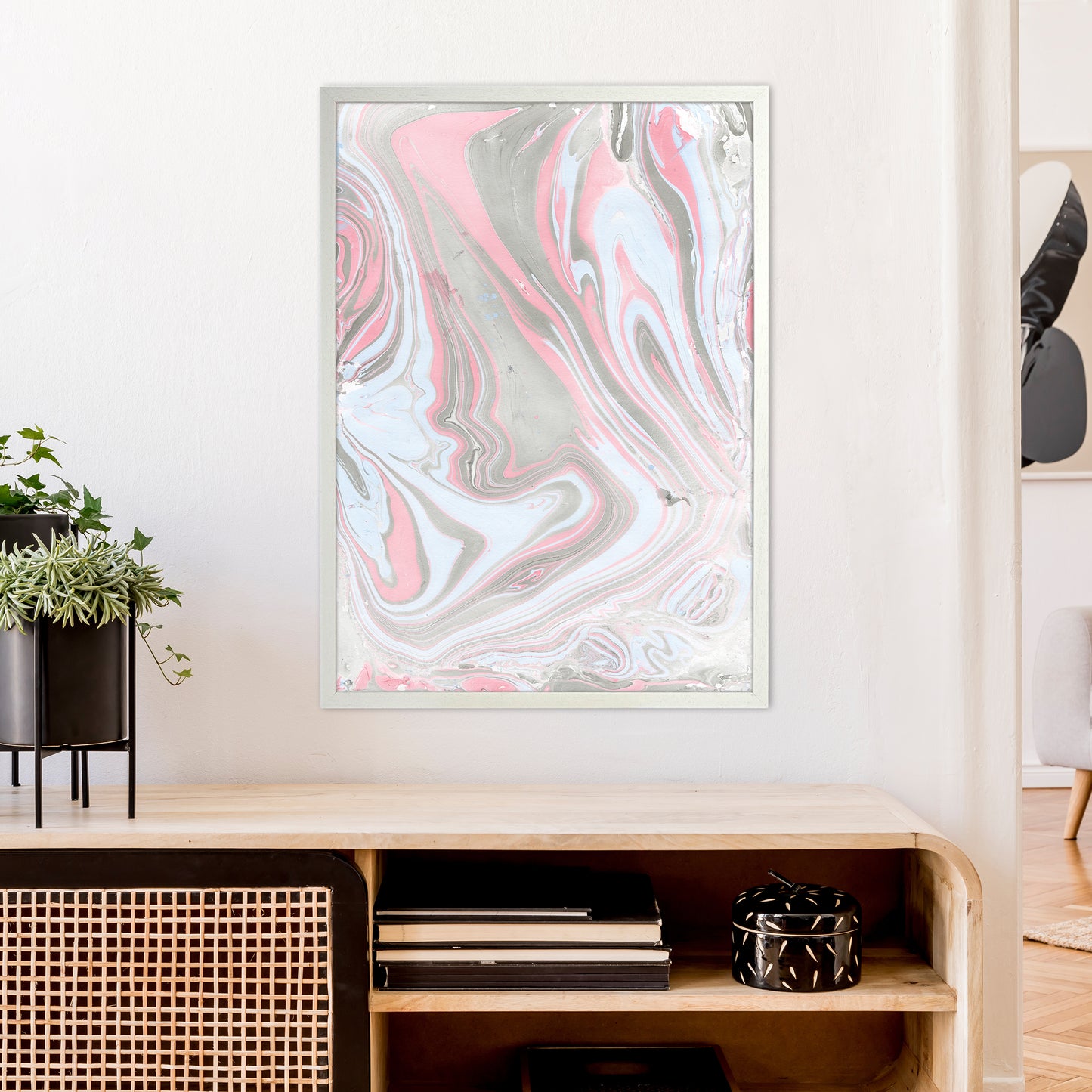 Liquid Mix Stone And Pink Art Print by Pixy Paper A1 Oak Frame