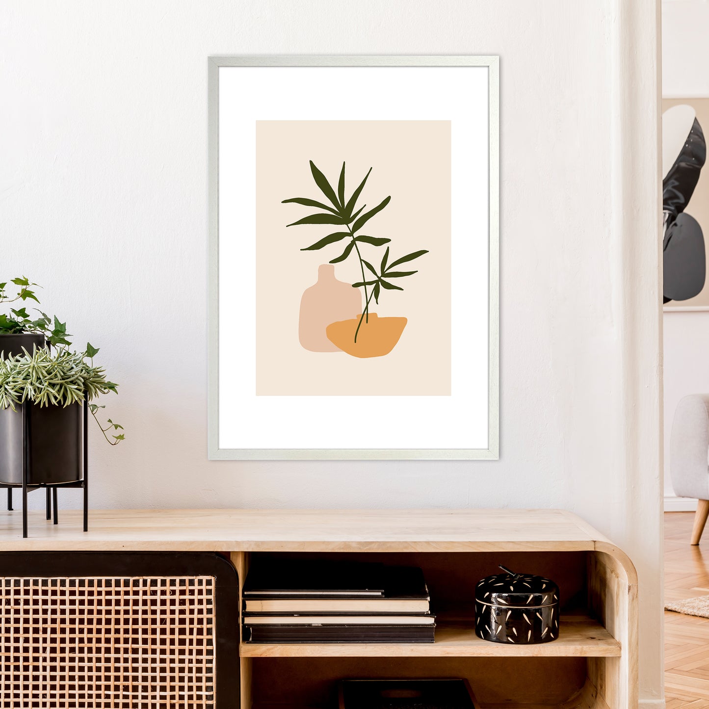 Mica Plant Pots Beige N1 Art Print by Pixy Paper A1 Oak Frame