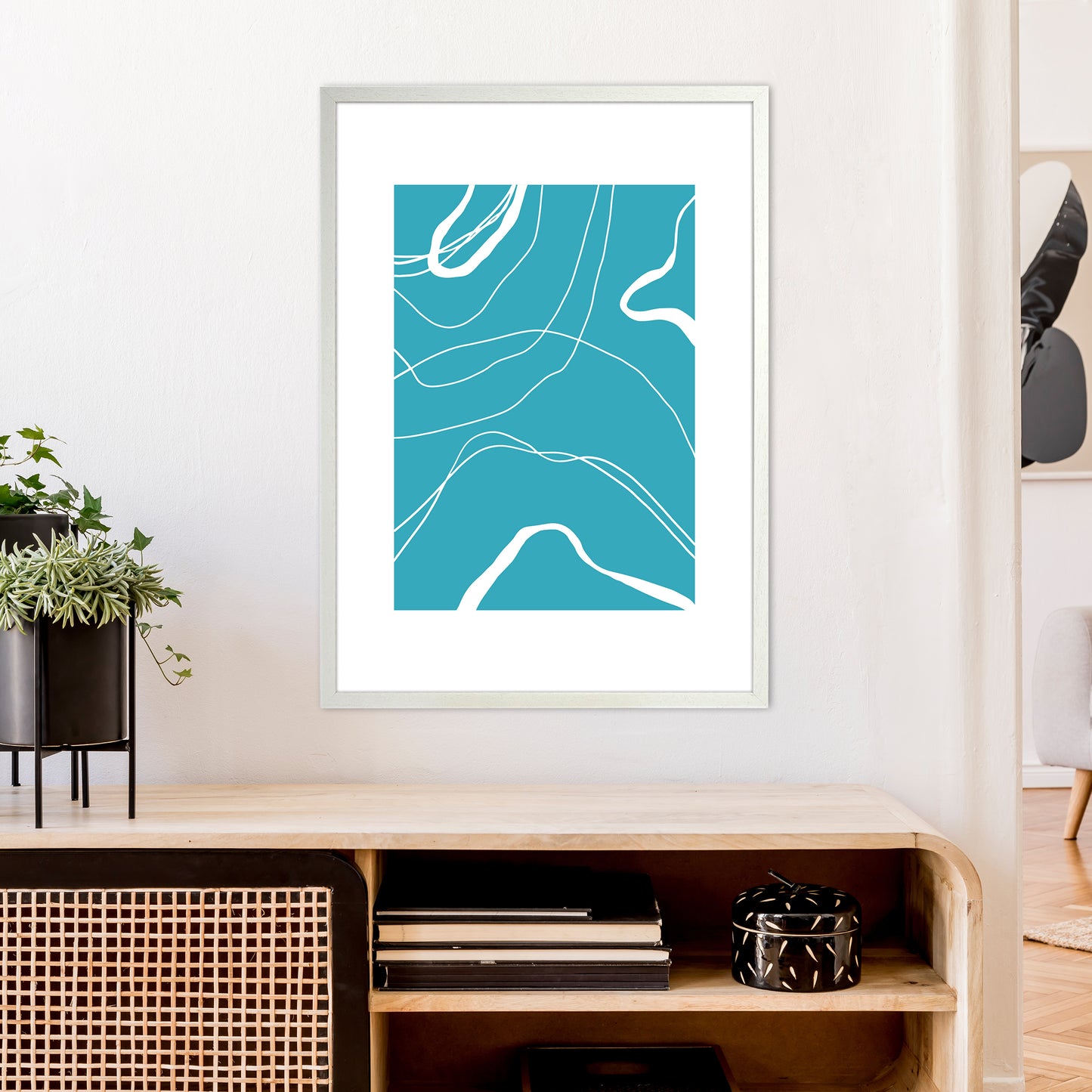 Mita Teal Swirls N13 Art Print by Pixy Paper A1 Oak Frame