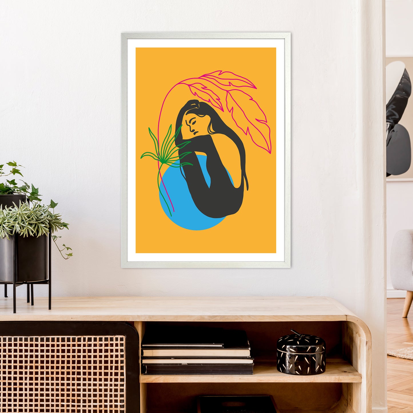 Girl Under Plant Yellow Neon Funk Art Print by Pixy Paper A1 Oak Frame