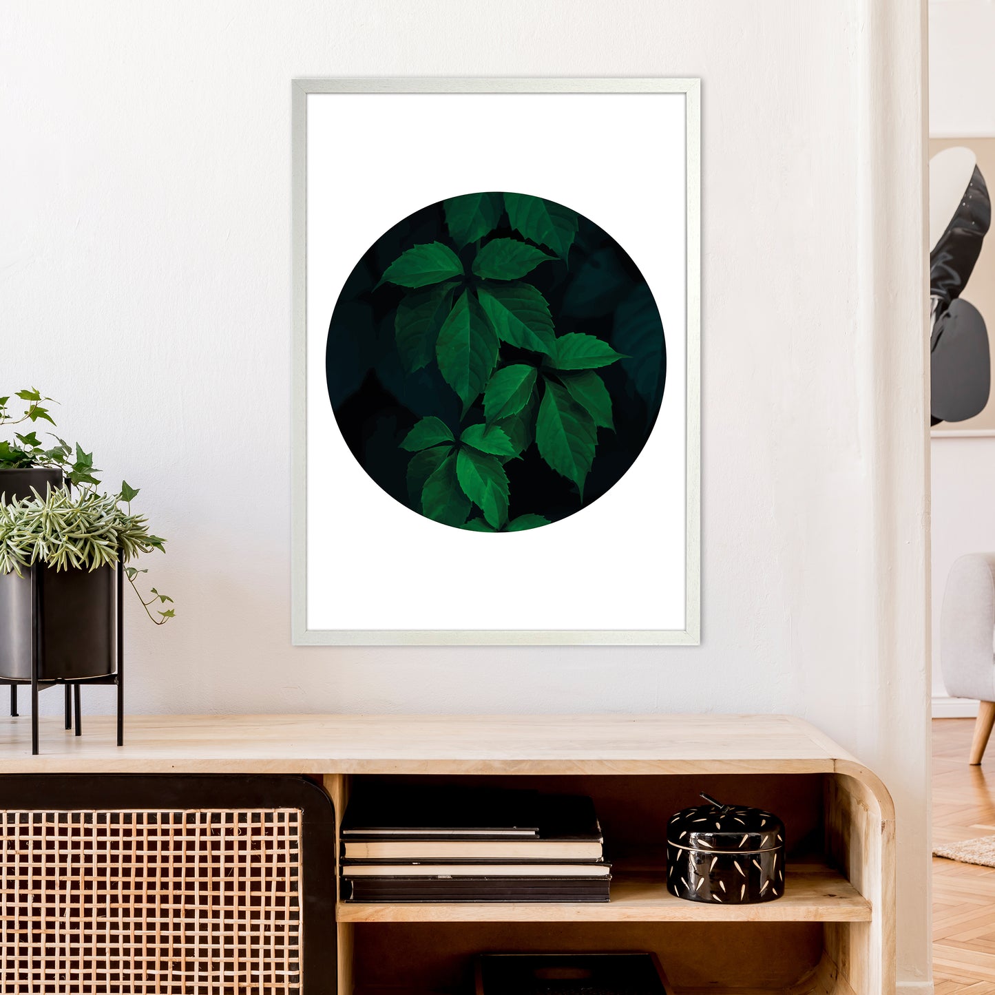 Deep Green Leaf Circle Art Print by Pixy Paper A1 Oak Frame