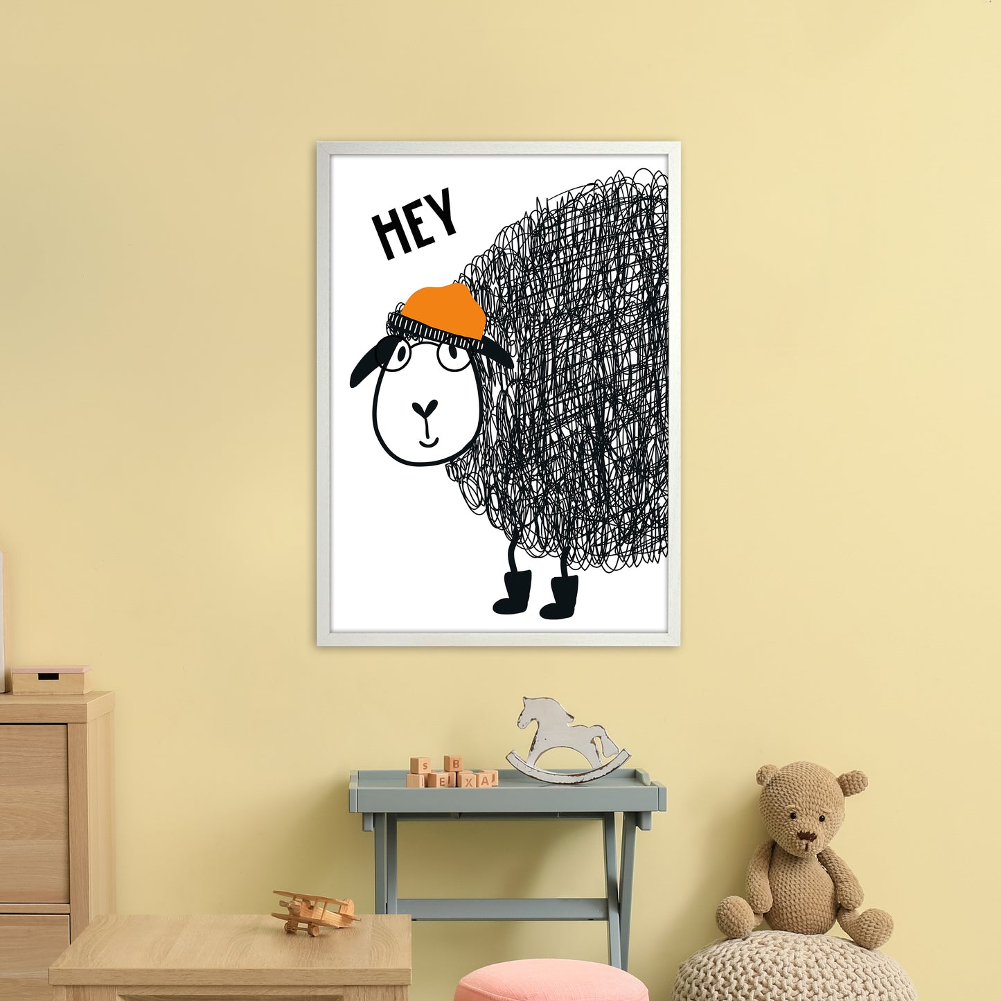 Hey Sheep Animal Art Print by Pixy Paper A1 Oak Frame